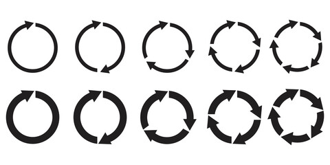 Round sign. Circular arrows. Set of different circles with arrows. Reload and infographic symbol. Vector illustration. Stock image.