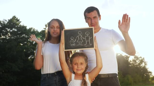 happy family in the park outdoors portrait. dream kid concept. parents and little kid girl hold a sign with a happy family symbol. friendly family in the park in nature lifestyle dream of happiness