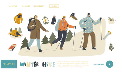 Winter Hiking Landing Page Template. Backpackers Character Climbing on Rock with Scandinavian Sticks, Travel Adventure