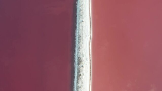 Aerial View of Pink Salt Lakes Water Patterns and Salty Barrier. Colorful Nature, Top Down Drone Shot