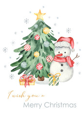 Christmas tree, snowman, gifts, star, snowflakes, i wish you a merry christmas watercolor card