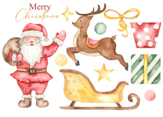 Santa claus, reindeer, santa claus sleigh, stars, gifts watercolor clipart merry christmas