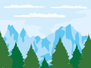 snowy mountains and pine trees landscape