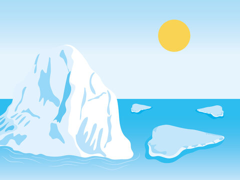 sunny arctic landscape with iceberg and blocks floating on the ocean