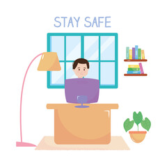 stay safe, happy man sitting working with computer, during covid 19 quarantine