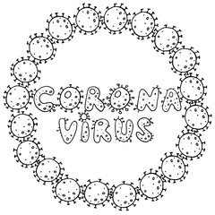 Background, frame, border from molecules, cells of virus, bacteria and lettering -coronavirus. Pandemic, epidemic covid-19. Concept of quarantine. Vector hand drawn outline doodle isolated
