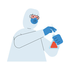 scientific doctor with biosafety suit and laboratory flask