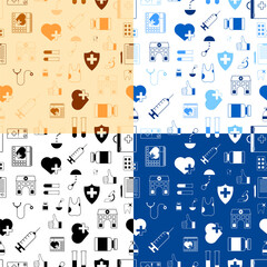 Fototapeta premium Set of seamless patterns with medical icons. First aid kit, stethoscope, pills, syringe, tooth, microscope, test tubes, hospital, doctor conclusion. Vector