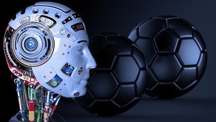 Multi Exposure of AI Robot and Soccer Ball. 3D sketch design and illustration. 3D high quality rendering.