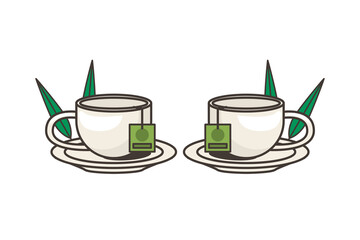 teacups drink in dishes with leafs plant