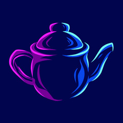 Teapot kettle line pop art portrait colorful logo design with dark background. Abstract vector illustration. New graphic style
