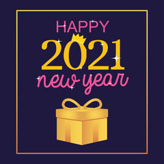 Fototapeta na wymiar 2021 happy new year greeting card gold gift box