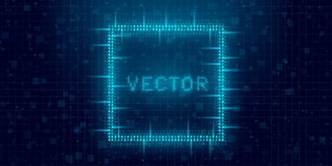 Futuristic cyberpunk glitch rectangle. Blue glowing digital square. 8 bit quadrate. Background design for promo electronic music events and game titles. Vector