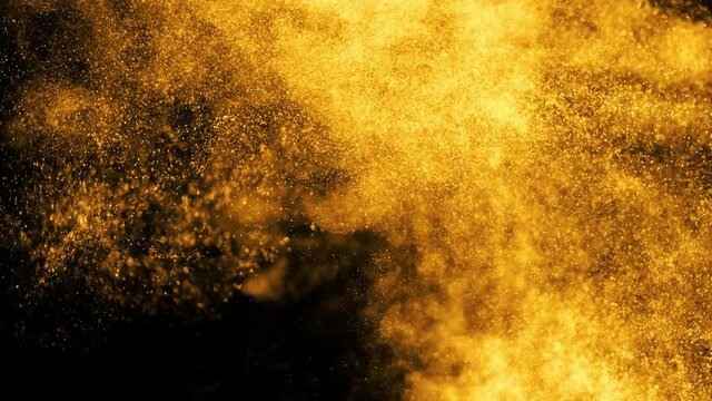 Gold dust particles fly in slow motion in the air lingering slowly. Dust Particles Background Bokeh Lights Background on Black Background 4k Footage Snow Particles Background.
