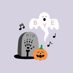 vector graphic illustration of halloween day theme, gravestone and ghost, flat cartoon design