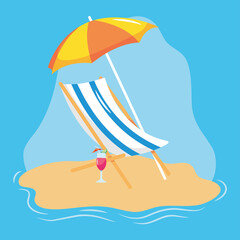 summer vacation travel, deck chair with umbrella and cocktail in the beach sand