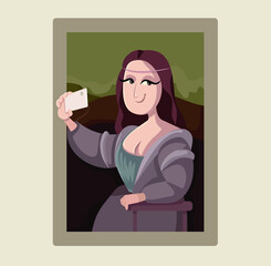 Mona Lisa Taking a Smartphone Selfie Vector Cartoon