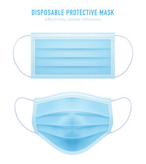 3d realistic vector disposable protective mask. Blue surgical, medical respiratory face mask isolated on white. Coronavirus protection, anti-dust, anti-bacteria, anti-exhaust gas.