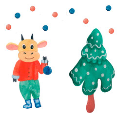 watercolor new year card bull symbol of the year 2021 with a ball Christmas tree handmade on a white background blank for cards design elements bright picture with water paint