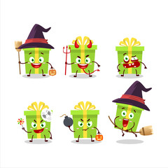 Halloween expression emoticons with cartoon character of green christmas gift