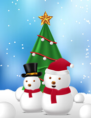 decoration christmas tree and snowman cute for merry christmas greeting card