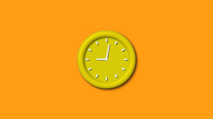 Amazing yellow color 3d wall clock isolated on orange background, 12 hours 3d wall clock