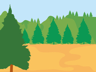 Fototapeta premium Forest landscape with pine trees, colorful design
