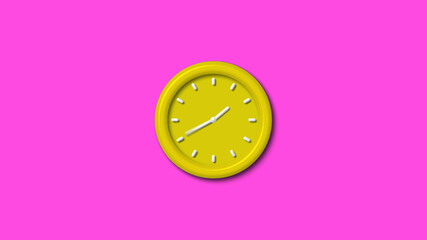 Counting down yellow color 3d wall clock isolated on pink background, 12 hours wall clock