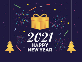 Naklejka premium 2021 happy new year creative card gold gift hanging trees and fireworks