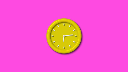 Best yellow color 3d wall clock isolated on pink background, Counting down 3d wall clock