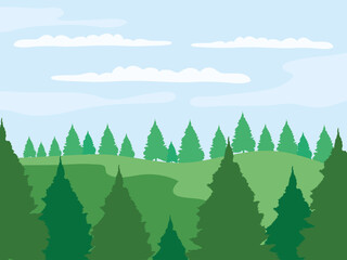 Fototapeta premium nature landscape with green grass, pine trees and clouds