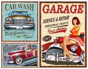 Set of vintage car metal signs,Garage, Filling Station,Car Wash retro poster.