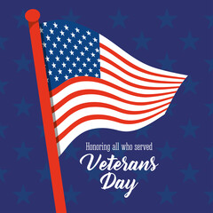 happy veterans day, american flag in pole stars blue background