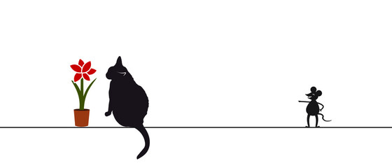 The black cat is enjoying the scent of the Amaryllis flower, and the mouse is laughing at the cat. Vector illustration isolated on a white background.  © venecia