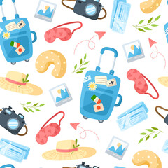 Travel seamless pattern cartoon, trip or vacation theme accessories suitcase, sleeping face mask, pillow, sun hat, photo, camera, paper plane, air tickets - vector backgroundor scrapbook digital paper