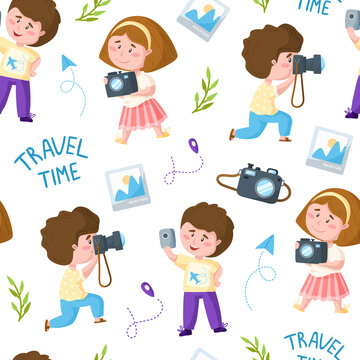Travel seamless pattern - cartoon kids girl and boy, trip or vacation theme photo camera, map mark, paper plane, cute characters on white background - vector endless pattern or scrapbook digital paper