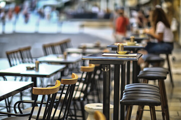 abstract blurred background street cafe in the city, no people, empty, summer restaurant quarantine
