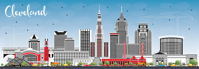 Cleveland Ohio City Skyline with Color Buildings and Blue Sky. - obrazy, fototapety, plakaty