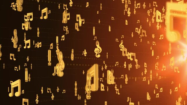 4K loop Animated Musical Music note background. Golden musical notes float swirling Background. Jazz album, symphony concert announcement. For event, concert, title, festival, party, Award, fashion.