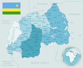 Obraz premium Blue-green detailed map of Rwanda administrative divisions with country flag and location on the globe.