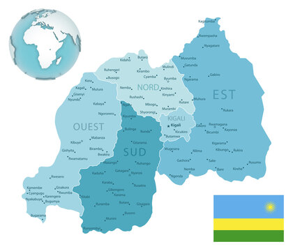 Rwanda administrative blue-green map with country flag and location on a globe.