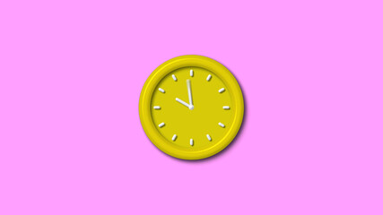 Yellow color 12 hours 3d wall clock isolated on pink light background, Counting down wall clock