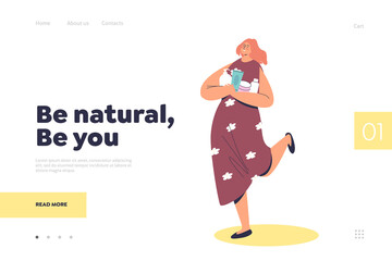 Natural cosmetics concept for landing page with cartoon girl holding bottles and jars
