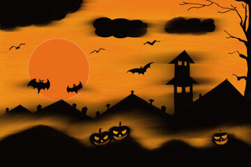 Halloween sketch paint watercolor graphic Perforated group pumpkin with bat on black background