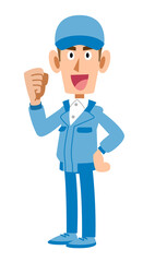 横向きでガッツポーズする青い作業着の男性
