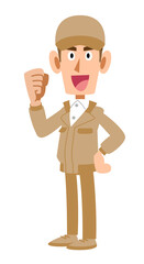 横向きでガッツポーズする横向きでガッツポーズするベージュ色の作業服を着てヘルメットを被った男性
