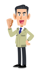 横向きでガッツポーズする作業着を着た男性
