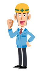 横向きでガッツポーズする青い作業服を着てヘルメットを被った男性
