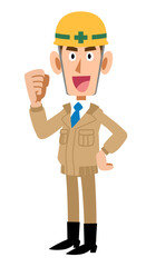 横向きでガッツポーズする横向きでガッツポーズするベージュ色の作業服を着てヘルメットを被った男性
