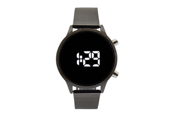 Round smartwatch with black mesh style strap, black dial face and digital numerals, isolated on...